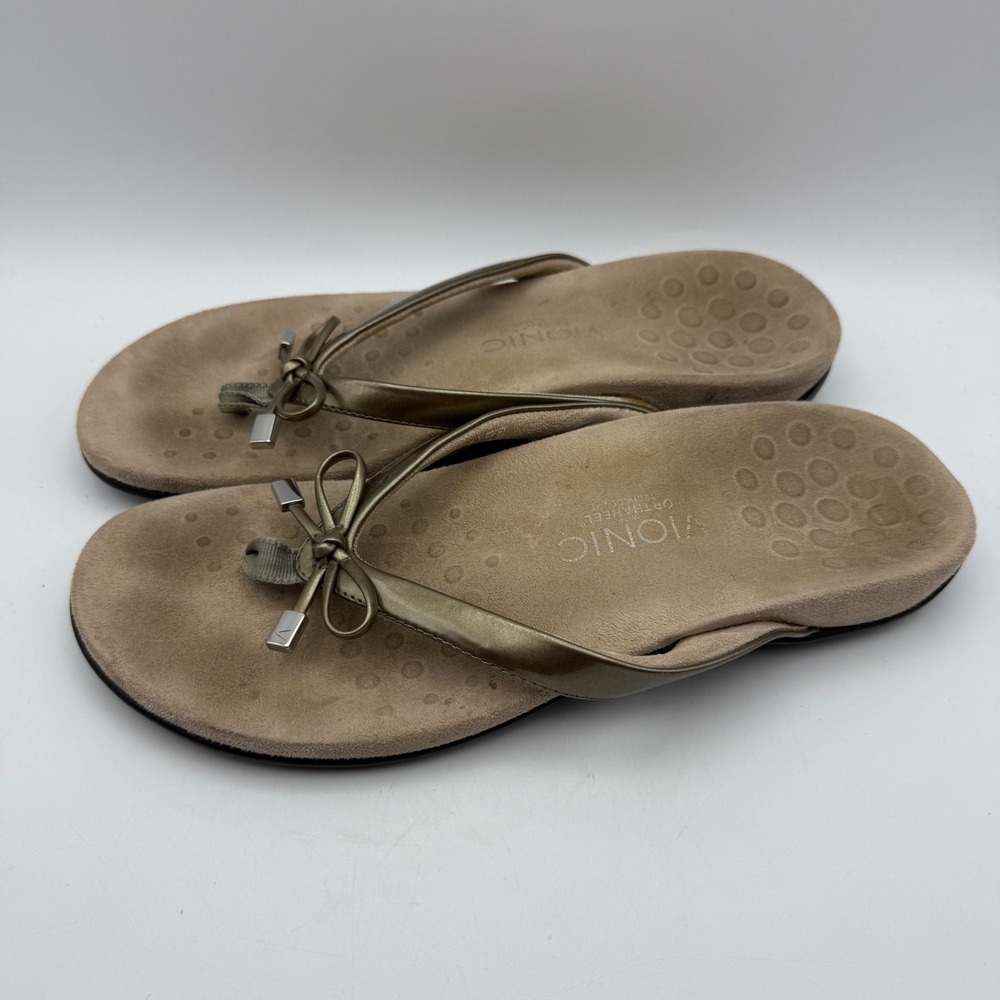 Vionic Orthoheel Bella Sandal Thong Bow Detail Comfort‎ Slide Gold Women's 9